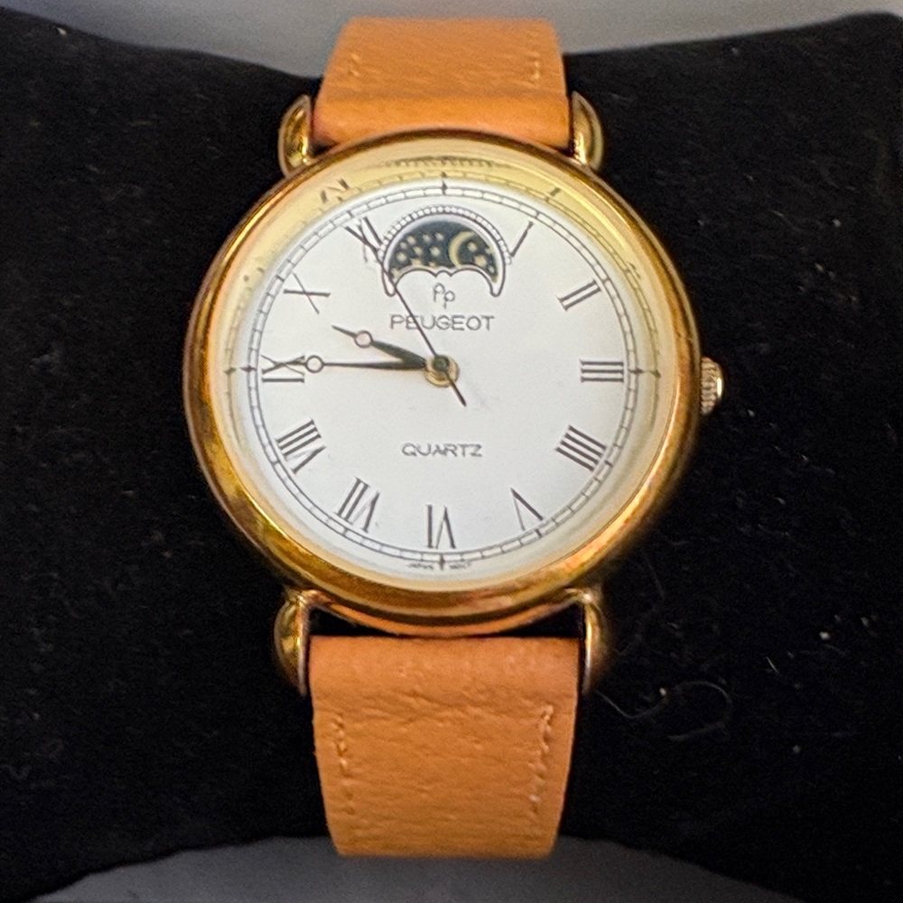 Peugeot Gold Case with Tan Strap Watch